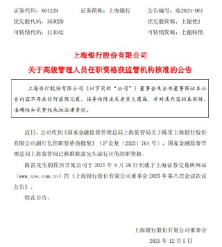 上海银行：陈雷副行长任职资格获核准