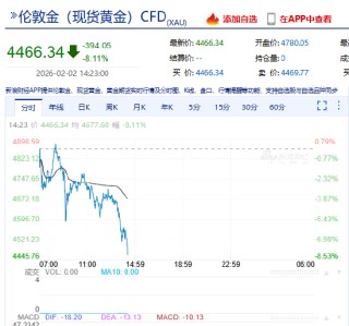 快讯：现货黄金日内暴跌8.00%，现报4492.47美元/盎司