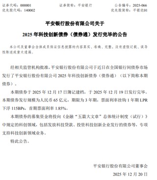 平安银行：成功发行65亿元科技创新债券