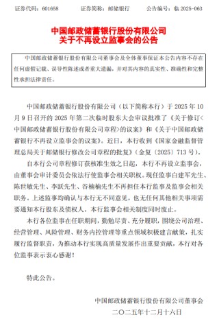 邮储银行不再设立监事会，白建军、陈世敏、李跃、谷楠楠不再担任监事及监事会相关职务