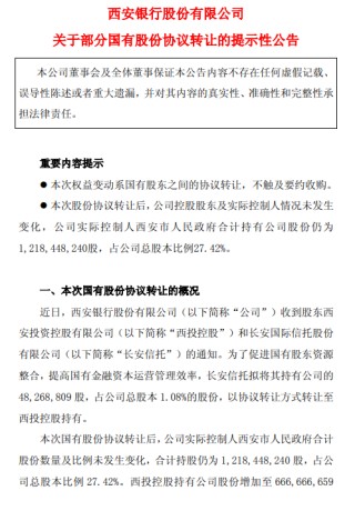 西安银行：长安信托拟协议转让1.08%股份给西投控股