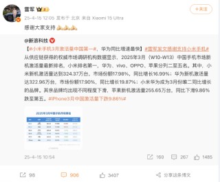 报告称小米手机3月激活量中国第一，雷军时隔9天再发声：感谢大家支持