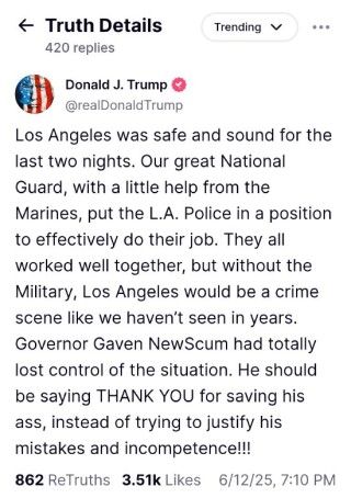 特朗普称洛杉矶过去两晚安全无恙 称赞国民警卫队和海军陆战队