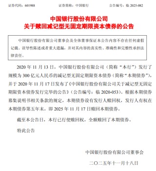 中国银行：全额赎回300亿元减记型无固定期限资本债券