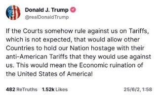 特朗普就针对关税的法院裁决重申警告