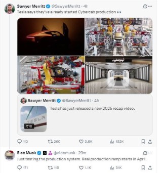 马斯克称正测试Cybercab生产系统，量产将从4月开始