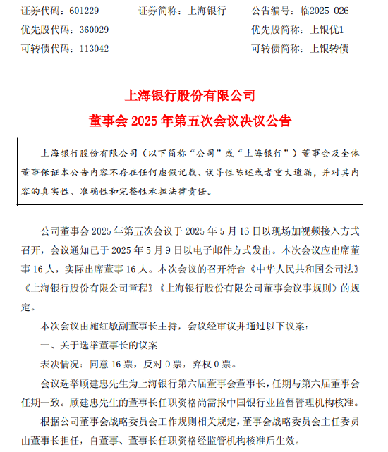 上海银行：选举顾建忠为第六届董事会董事长  第1张