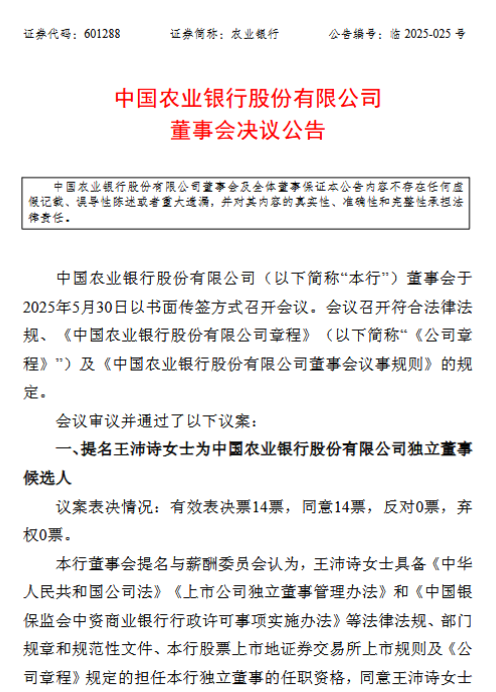 农业银行：提名王沛诗为独立董事候选人  第1张