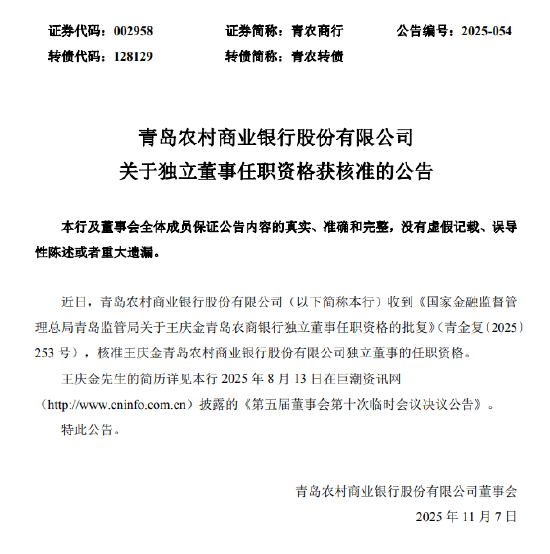 青农商行：王庆金独立董事任职资格获核准  第1张