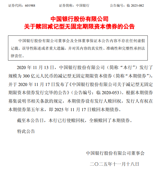 中国银行:全额赎回300亿元减记型无固定期限资本债券 第1张 中国银行:全额赎回300亿元减记型无固定期限资本债券 第1张