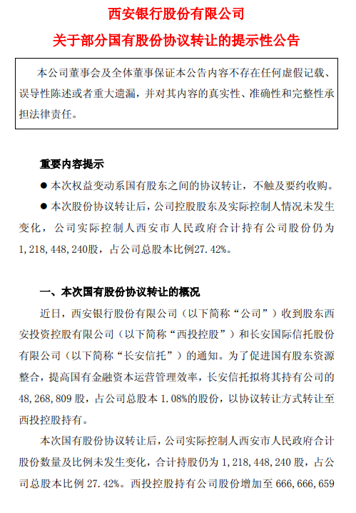 西安银行：长安信托拟协议转让1.08%股份给西投控股  第1张