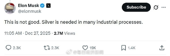 马斯克担忧白银暴涨：许多工业生产需要用到白银 今年白银价格已上涨超过170%  第1张