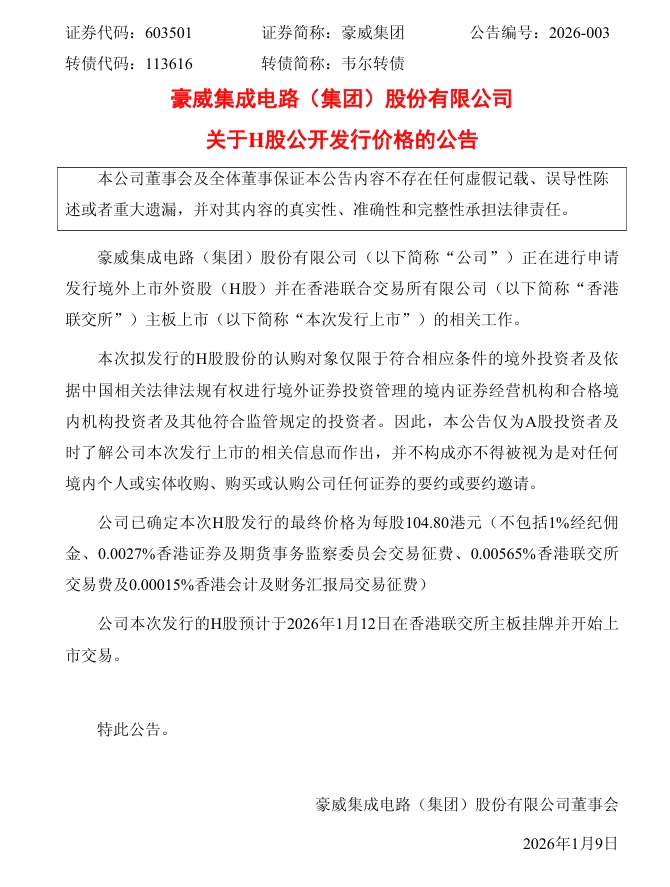 国产供应链企业豪威预计 1 月 12 日在港股上市，发行价每股 104.80 港元  第1张