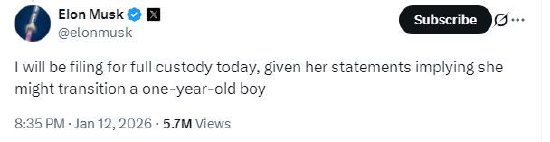马斯克将申请第13个孩子的监护权，因其母亲发表支持跨性别言论  第1张