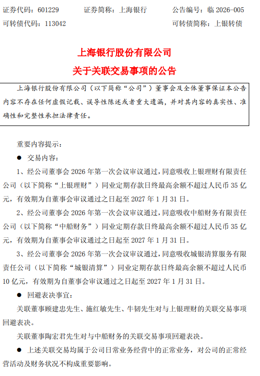 上海银行:同意吸收3家关联方同业定期存款,日终最高余额共计不超过80亿元 第1张 上海银行:同意吸收3家关联方同业定期存款,日终最高余额共计不超过80亿元 第1张
