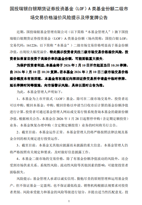 国投白银LOF（161226）复盘涨超8% 公告：2月10日开市至10:30停牌  第1张