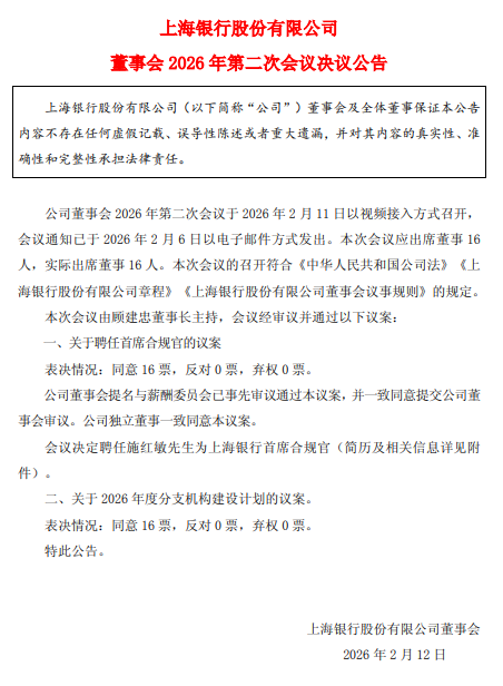 上海银行：聘任行长施红敏为首席合规官  第1张