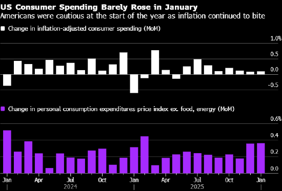 美国1月消费者支出几无增长 通胀则在高位  第1张