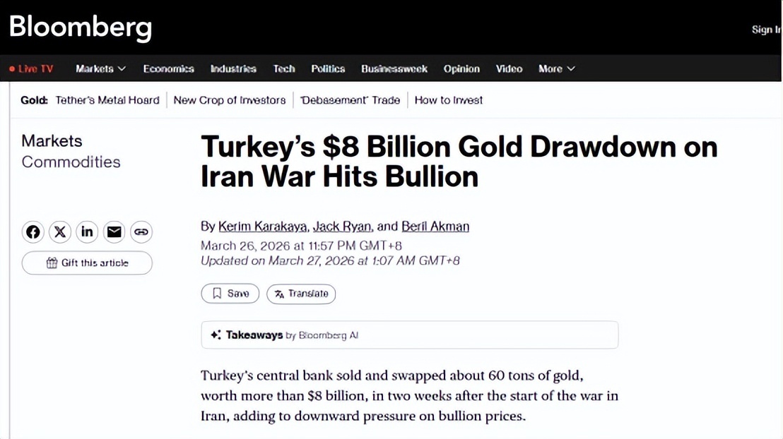 土耳其央行两周抛售约60吨黄金 价值80亿美元  第3张