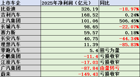 乘用车上市公司2025年业绩：增量不增利，净利润总额低于宁德时代  第2张